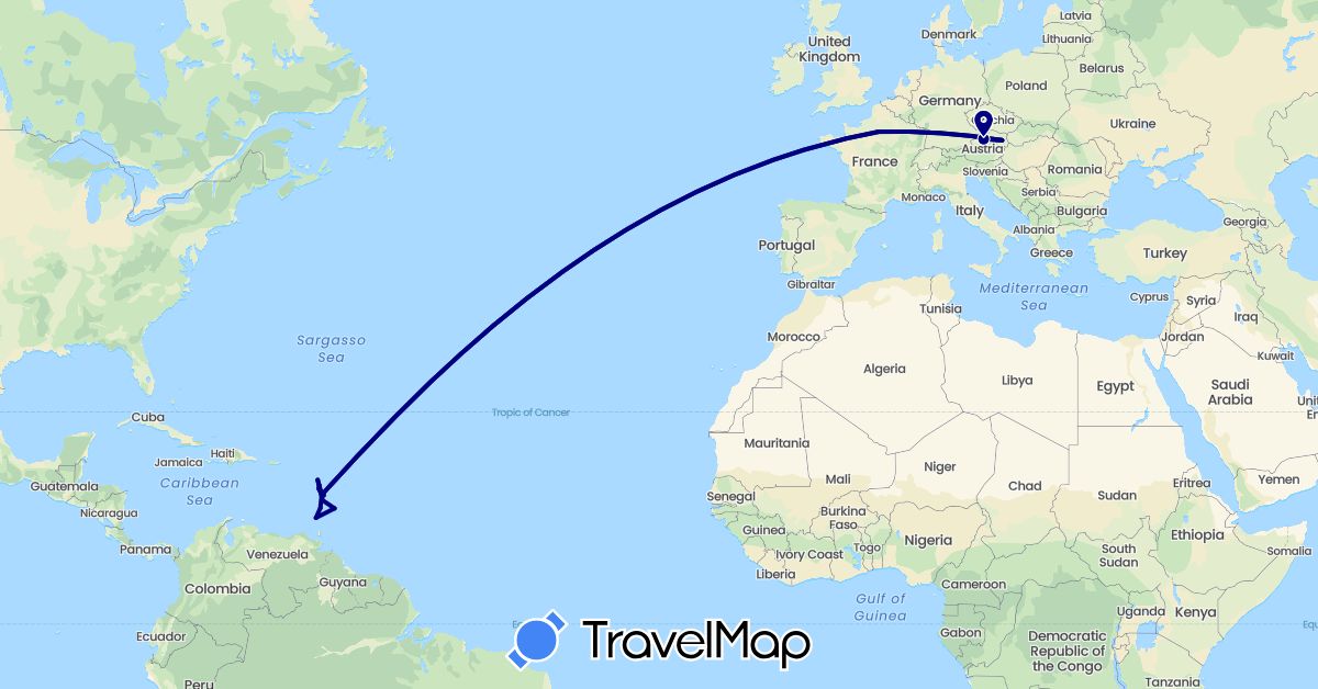 TravelMap itinerary: driving in Austria, Barbados, Dominica, France, Grenada, Saint Lucia, Saint Vincent and the Grenadines (Europe, North America)